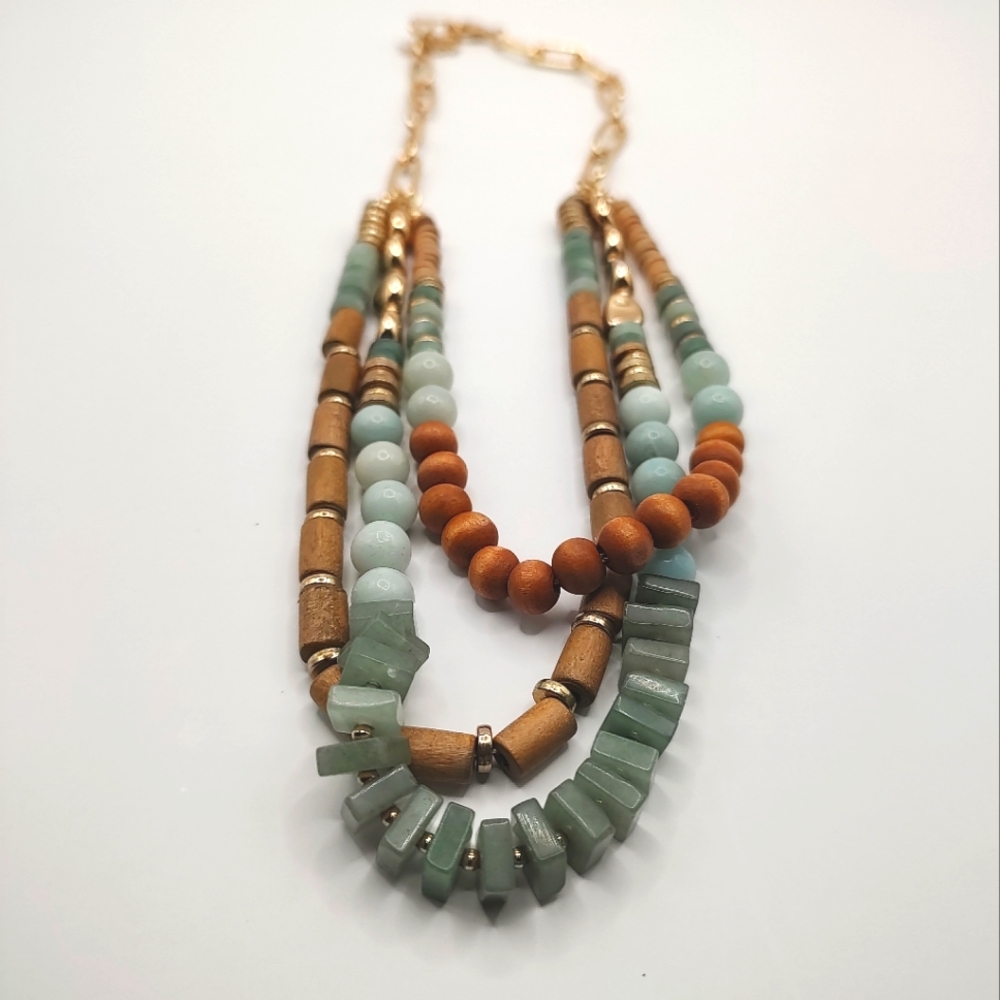 Multi-Strand Boho Chic Necklace with Gold, Turquoise and Tan Accents